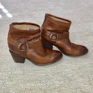 FRYE brown leather harness heeled ankle booties